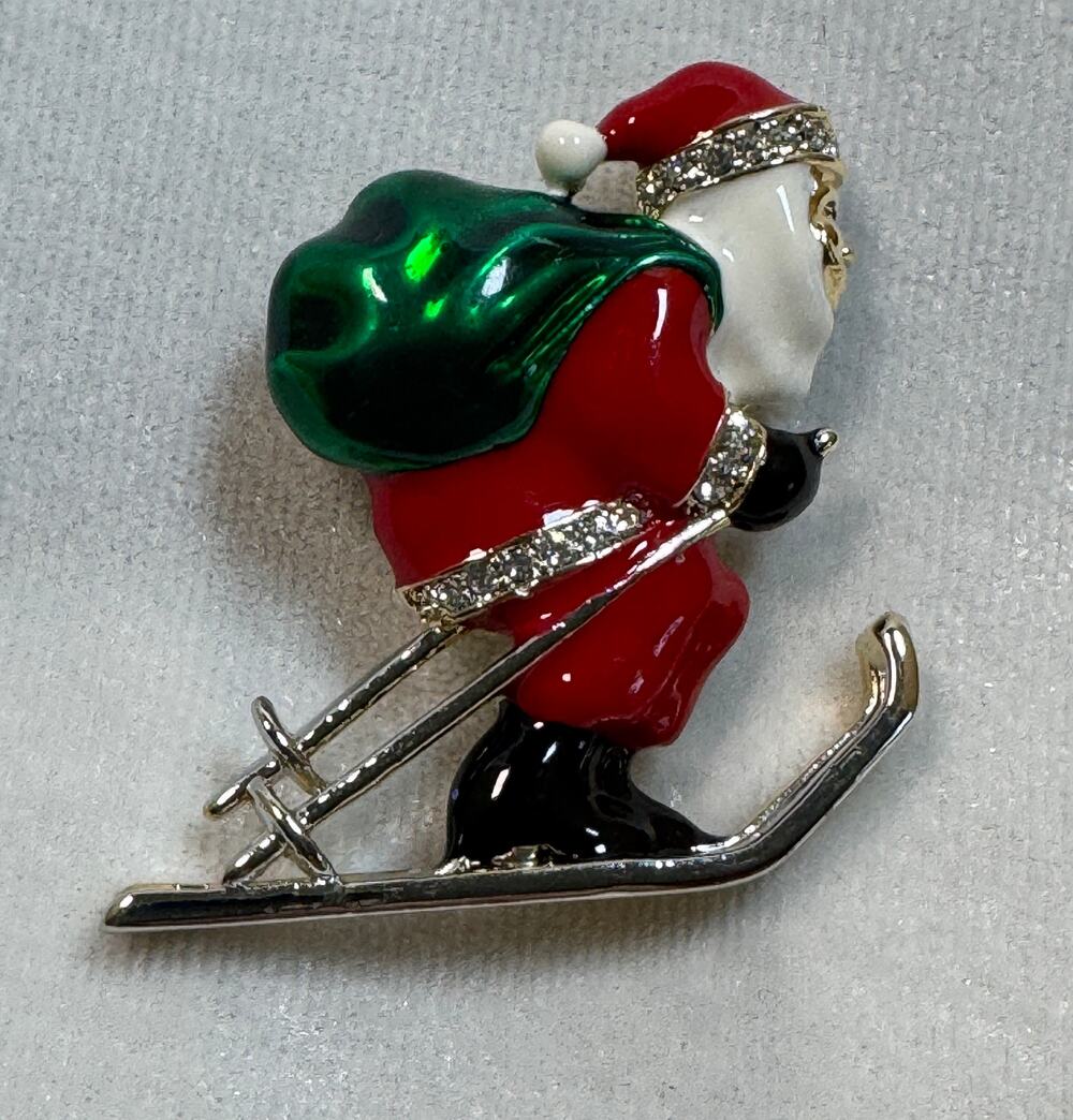 Vintage Skiing Santa Brooch Pin Enamel Rhinestone Christmas Holiday 1.75" CP171